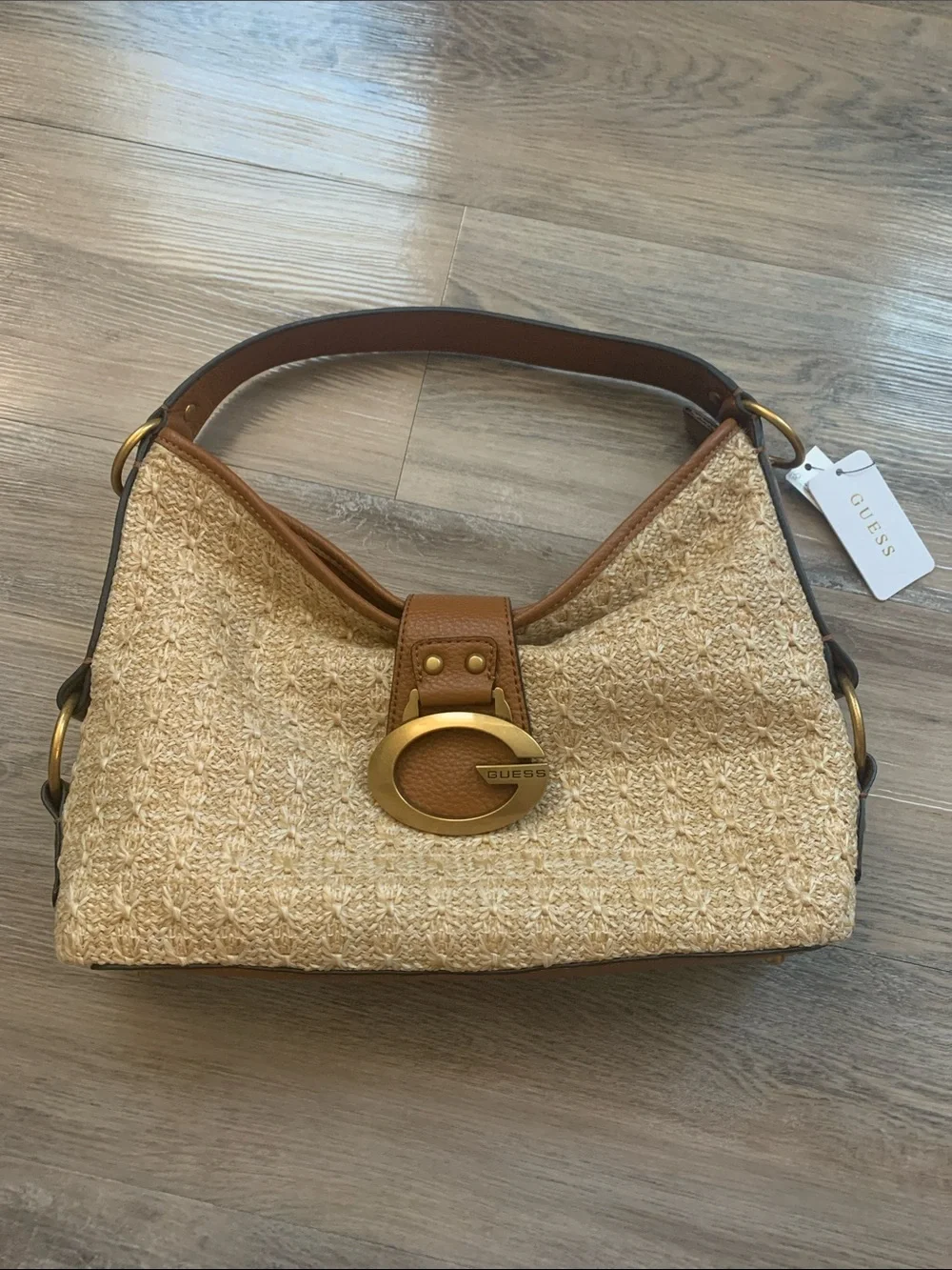 GUESS Camden Raffia Hobo Bag with Tan Leather and Gold Logo